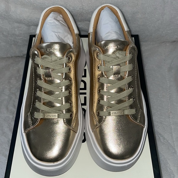 NWT J/SLIDES HALLY Gold Metallic & White Leather - Picture 11 of 16